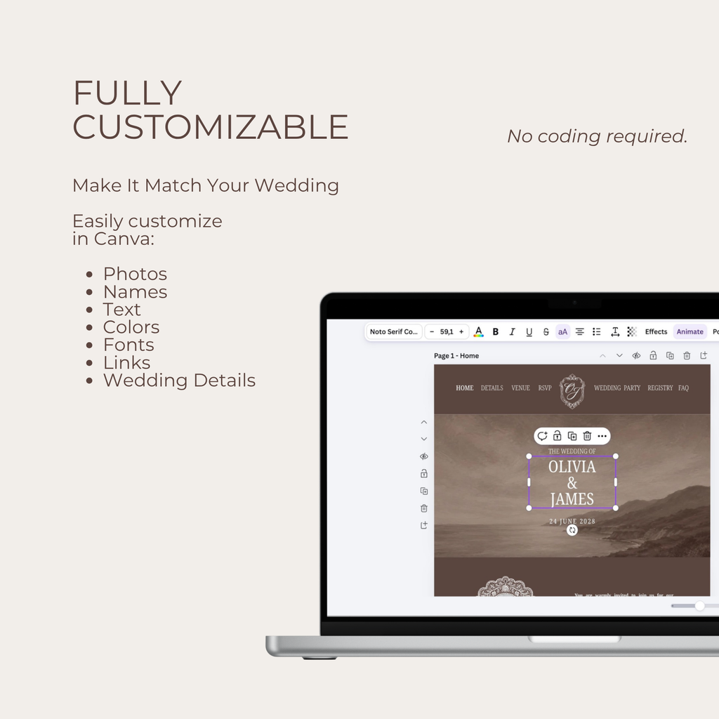 Wedding Website Template - Brown, Lace, Vintage