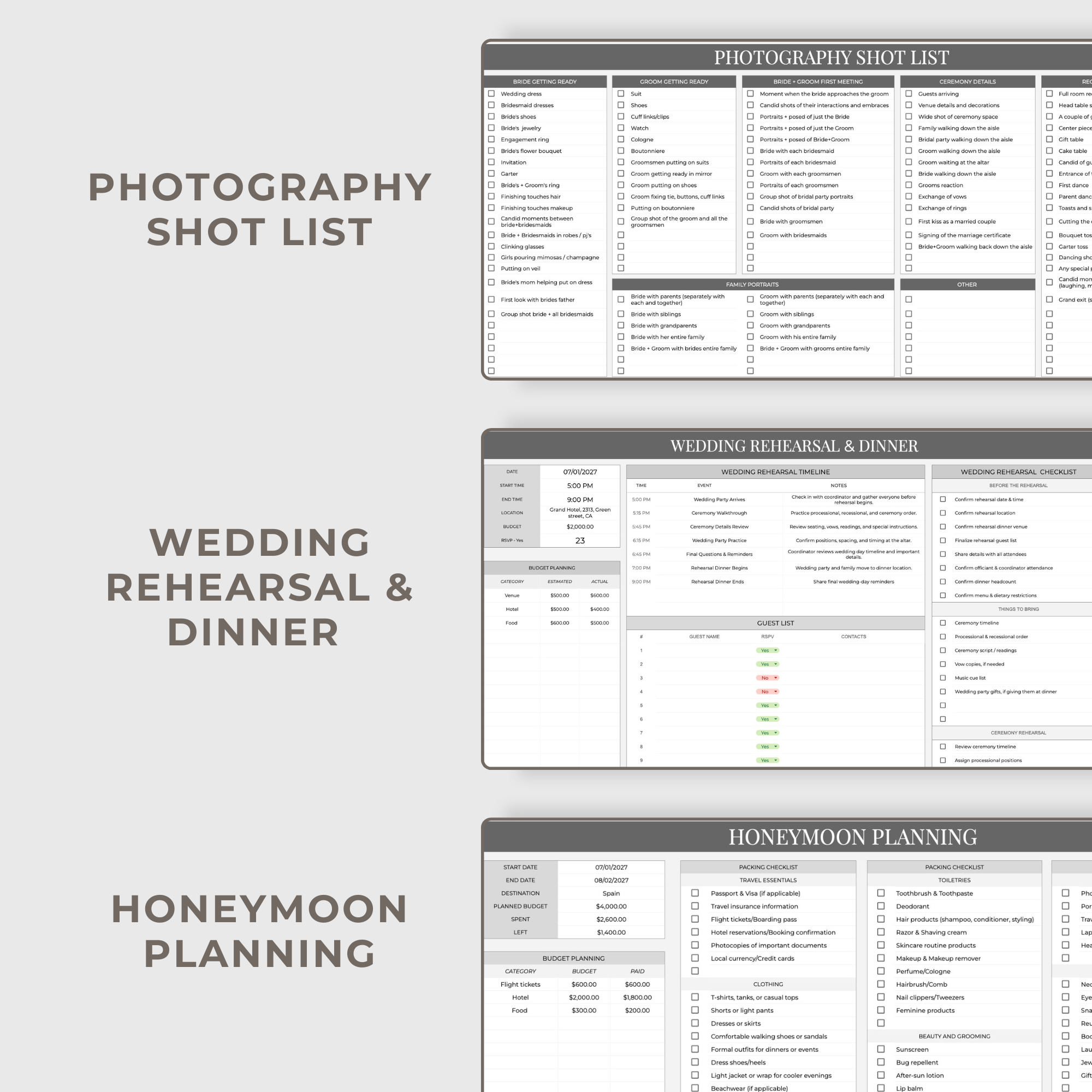 Wedding Planner Spreadsheets & Wedding Day Binder