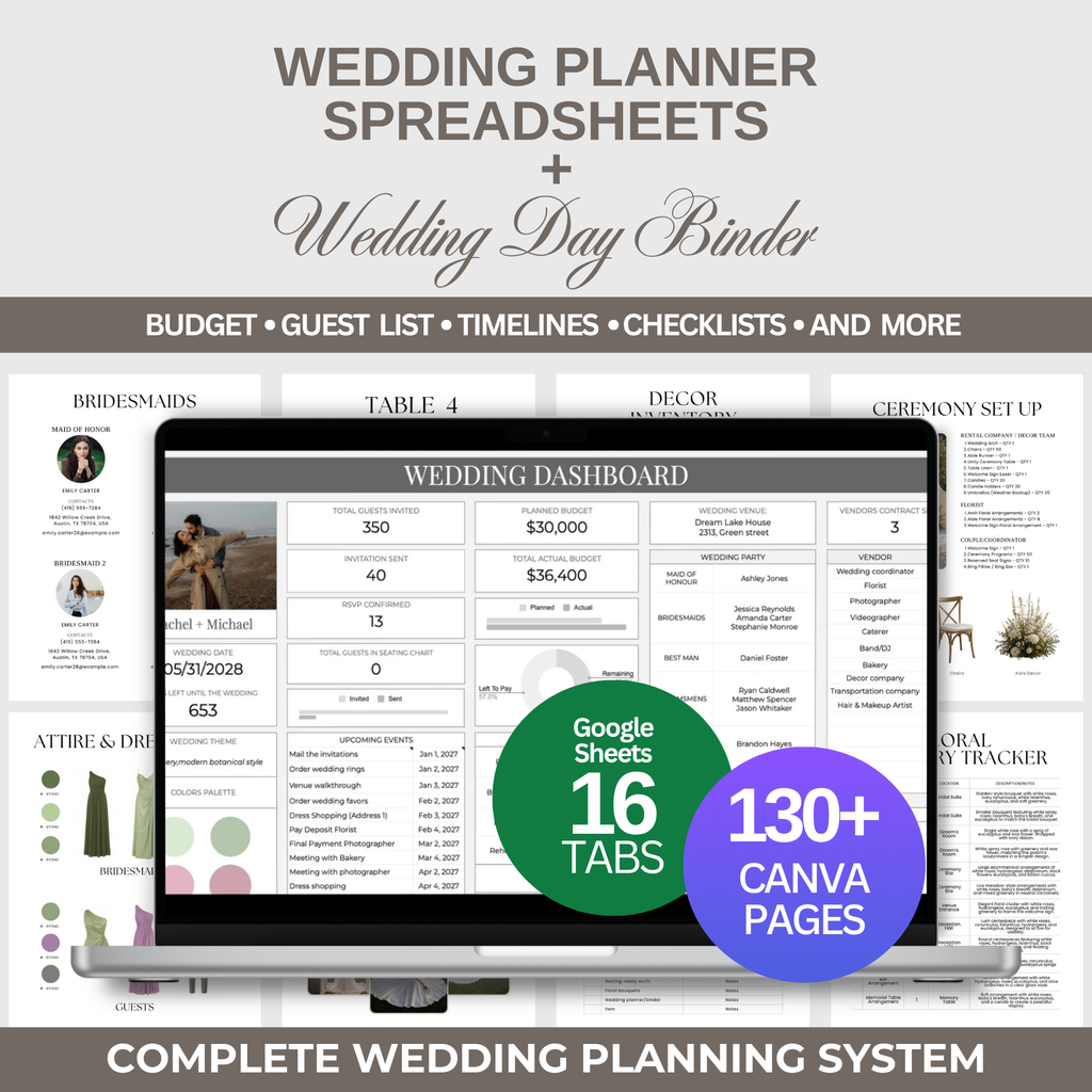 Wedding Planner Spreadsheets & Wedding Day Binder