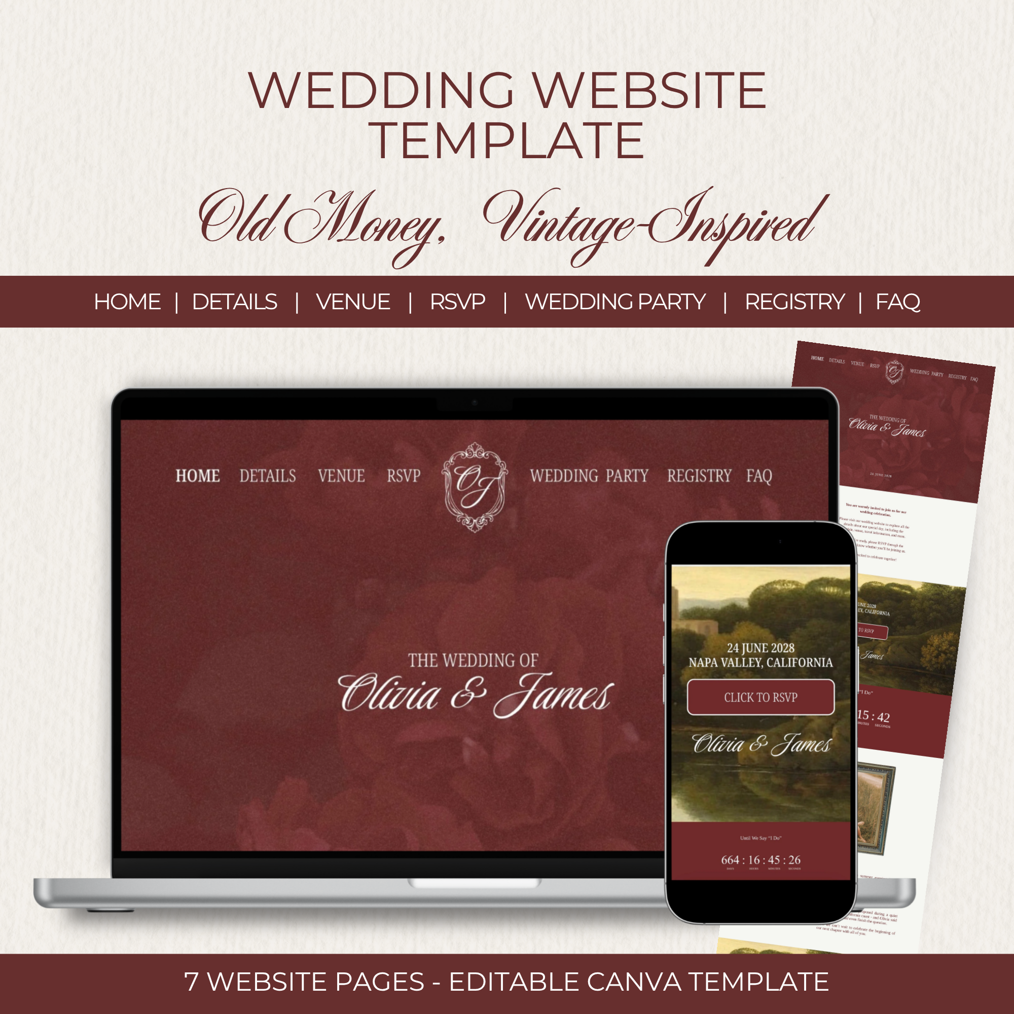 Wedding Website Template Canva - Burgundy