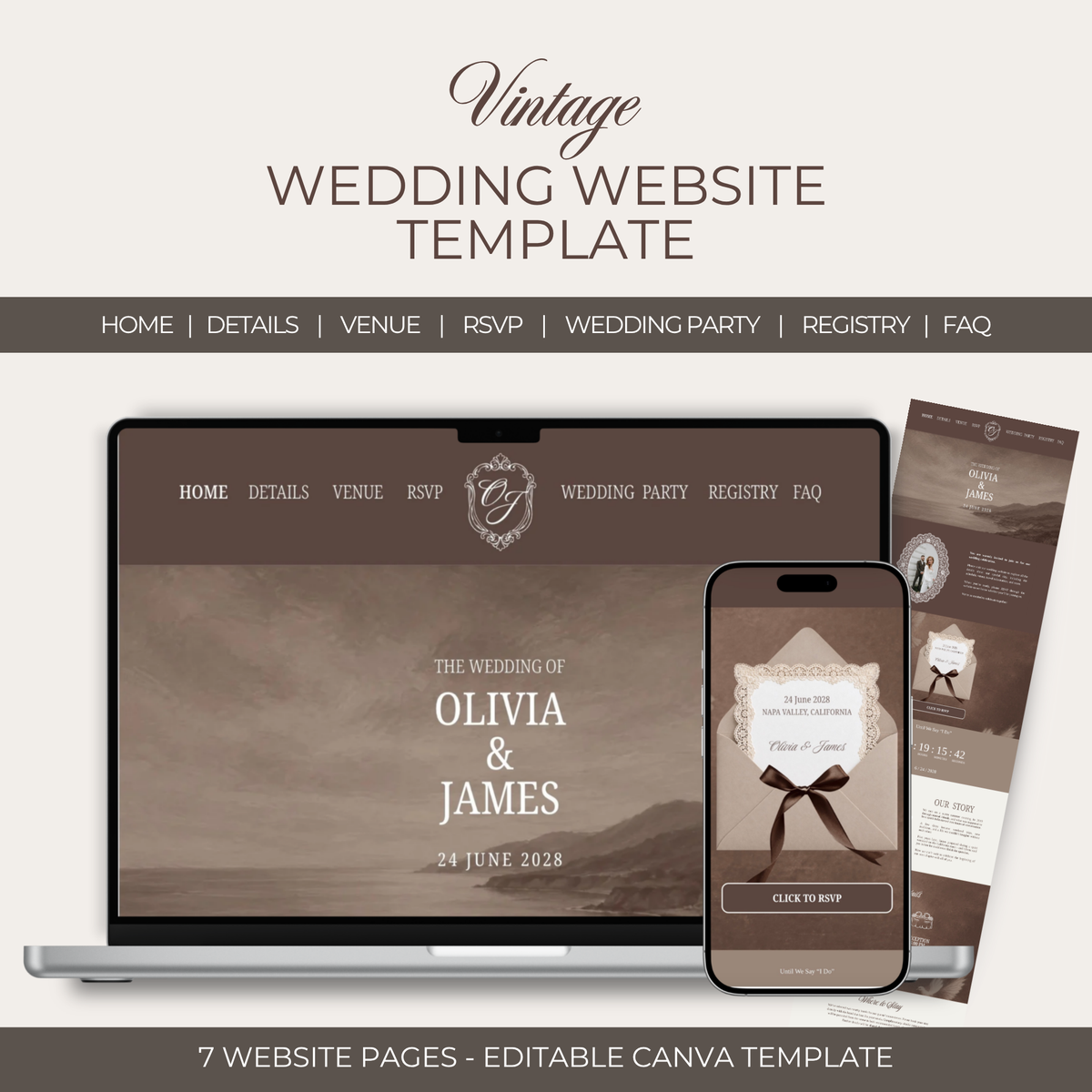 Wedding Website Template - Brown, Lace, Vintage