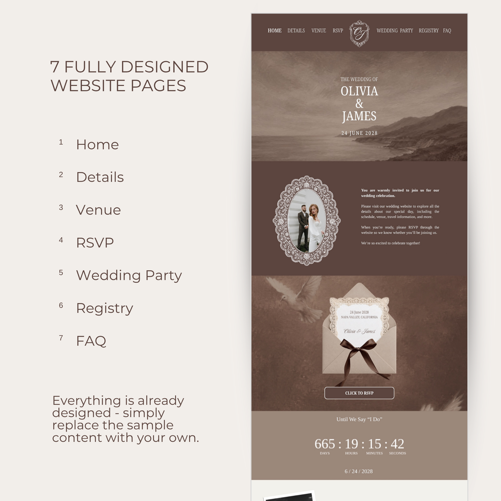 Wedding Website Template - Brown, Lace, Vintage