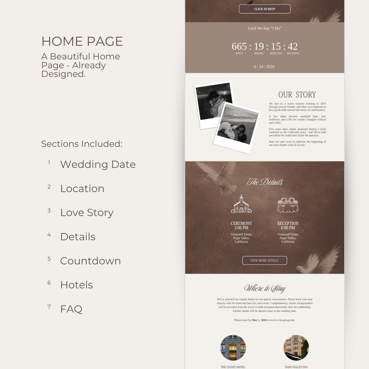 Wedding Website Template - Brown, Lace, Vintage