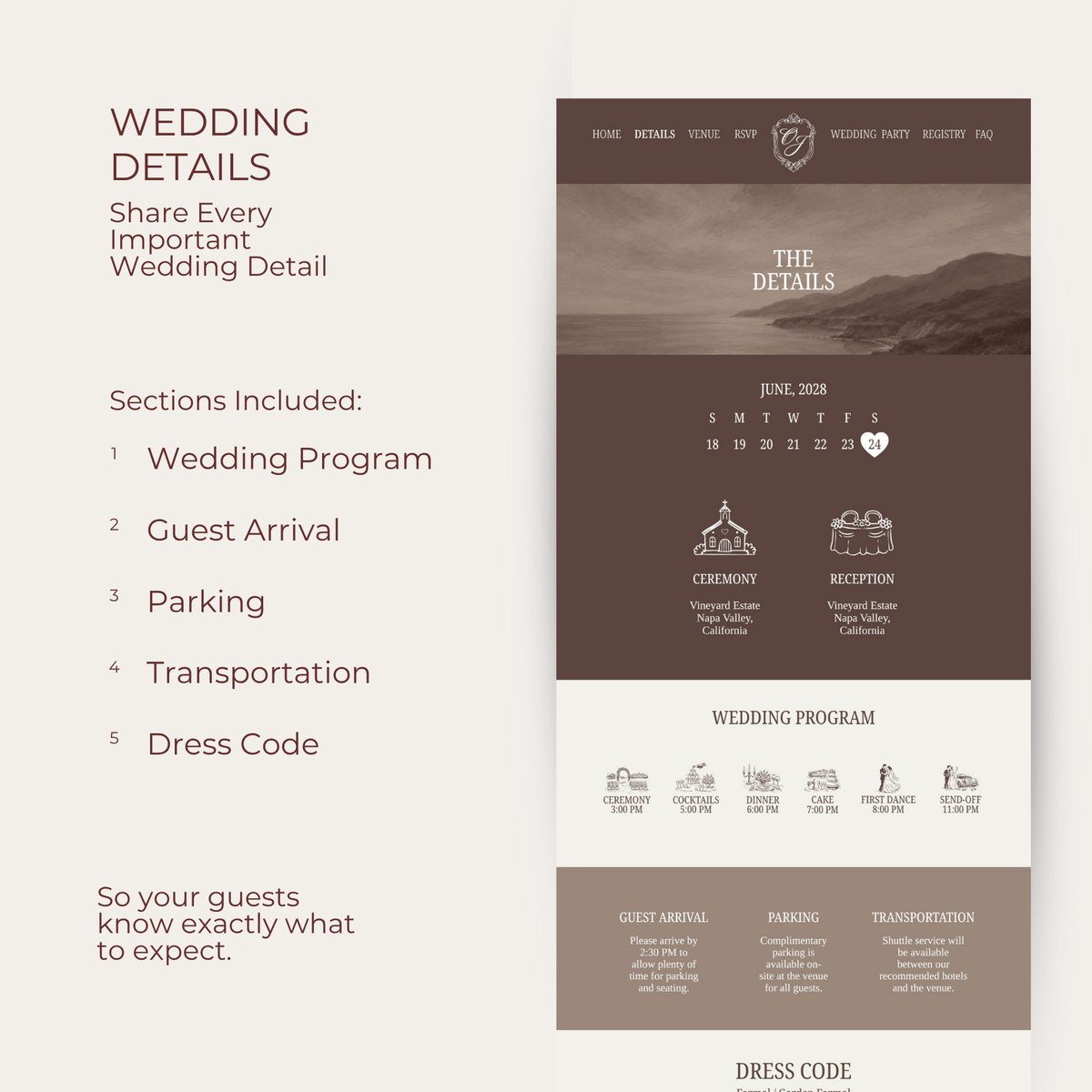 Wedding Website Template - Brown, Lace, Vintage